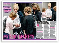 Women gather around another who cradles her baby bump, sharing a moment. Magazine text: "Nicole My Baby Secrets."