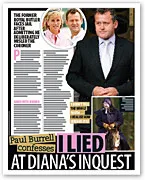 Paul Burrell article confessing to lying at Diana's inquest, with images of Burrell and Princess Diana.