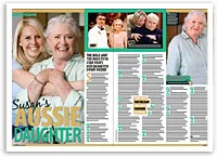 Two women smiling and embracing; article titled "Susan's Aussie Daughter" with text and smaller images.