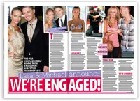Couple announcing engagement in magazine spread with several photos. Headline: "We're Engaged!"