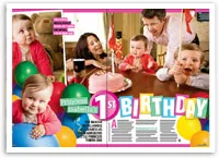 Family celebrating Princess Isabella's 1st birthday with cake and colorful balloons in a cheerful setting.