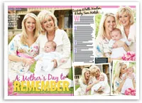 Two women smiling with a baby, celebrating Mother's Day, surrounded by flowers and a house in the background.