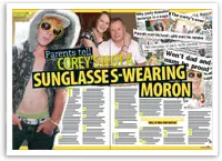 Corey in sunglasses and hoodie, surrounded by headlines criticizing him, with parents pictured smiling in the background.