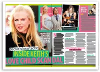 Nicole scandal magazine cover; Nicole in focus, smaller images of her and Keith Urban, and text on a supposed love child scandal.