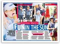 Young child enjoying ice cream, a woman helping them walk, summer attire, outdoors, with "Princess Mary's Fun in the Sun" text.