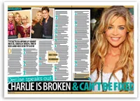 Denise Richards magazine spread discussing personal matters, featuring her portrait and smaller family photos.