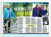 Rolf Harris in a blue suit, seated near water, with inset photos of him with a woman and another showing a drawing.