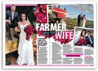 Wedding couple in rural setting with a red tractor, bride holding bouquet, magazine layout with "Farmer gets his Wife" title.