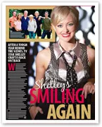 Shelley Craft smiling, wearing a stylish outfit. Background shows magazine cover text and a small family photo inset.