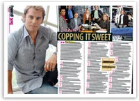 Daniel MacPherson seen in a magazine article titled "Copping It Sweet," featuring text and a group photo.