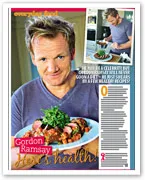 Gordon Ramsay holding a plate of food, featuring dishes and a headline about healthy recipes.
