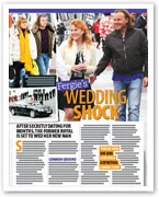 "Magazine page featuring two people walking together, headline reads 'Fergie's Wedding Shock' with additional text."
