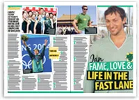 Ian Thorpe article spread with images from Olympics, group photo, and Thorpe smiling in a green sweater.