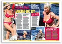 Red bikini-clad woman enjoying the ocean at 63, showcasing fitness and vitality.