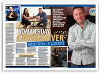 "Woman's Day article featuring John Edward on set, smiling and interacting with hosts in a talk show setting."