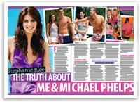 "Magazine spread featuring Stephanie Rice discussing her relationship with Michael Phelps, showing various casual photos."