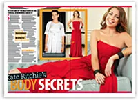 Kate Ritchie in a red dress poses on a sofa for a magazine spread titled "Body Secrets" with additional images inside.