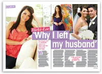 Ricki-Lee sitting on a couch, dressed in casual wear, with a wedding photo alongside, titled "Why I left my husband".