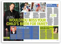 A magazine spread titled "Would You Miss Your Child's Birth for Fame?" featuring various photos and text.