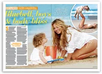 Geri Halliwell plays with her daughter Bluebell on the beach, enjoying a sunny day in a magazine spread.