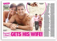 Couple smiling on the beach, lying on sand; inset shows them walking hand in hand and writing in sand.