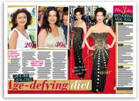 "Collage of Catherine Zeta-Jones in youthful outfits and glamorous red carpet dress promoting age-defying diet article."