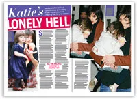 A woman holds a child in her arms in multiple images in a magazine article titled "Katie's Lonely Hell."