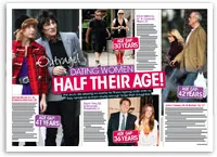 Couples with significant age differences featured in a magazine layout titled "Dating Women Half Their Age."