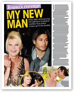 Ivana Trump smiling with a younger man, accompanied by candid couple photos in a magazine layout.