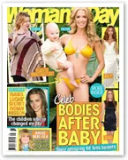 Woman's Day magazine cover featuring celebrities in swimwear celebrating post-baby bodies, with health and lifestyle captions.