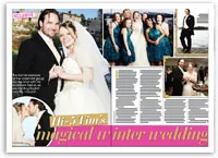 Wedding couple poses outdoors; bride in a white gown and groom in a black suit; bridesmaids nearby.