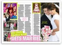 Magazine spread showing a wedding photo of a couple embracing, images of their wedding, and a headline about Matthew Krok's marriage.