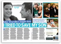 Article layout showing various family photos and headline "John Travolta's Tragic Loss: I Tried to Save My Son."