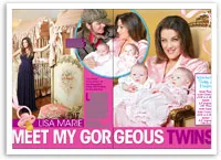 Lisa Marie Presley with her twin babies in a magazine spread, surrounded by soft pink and nursery decor.