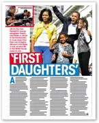 A family of four waves to a crowd. The parents are smiling with their daughters. The headline reads "First Daughters."