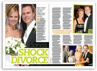 Sonia Kruger and partner in wedding attire, accompanying article titled "Sonia's Shock Divorce" with inset photos.