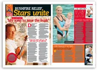 Magazine spread for bushfire relief; includes Andre Rieu with a violin and a woman in a swimming pool holding a child.