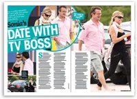 Two people walking and chatting, both wearing sunglasses, with magazine text headline "Sonia's Date with TV Boss."