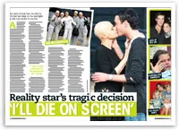 Front page magazine spread with headline "Reality star's tragic decision, I'LL DIE ON SCREEN," featuring a couple embracing.