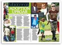 Madonna holding hands with a child during an adoption trip, surrounded by related images and text on the adoption process.