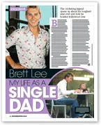Brett Lee smiling in a floral shirt; below, he's at a table with his child. Text: "My Life as a Single Dad."