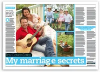 Musician with guitar sitting with partner on porch; family photos in article titled "My Marriage Secrets".