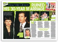 Image of a magazine article titled "How Mel Gibson Ruined His 30-Year Marriage" with photos and text.