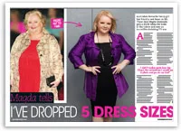 Image of a woman named Magda showcasing her weight loss achievement, wearing a purple jacket and black dress.