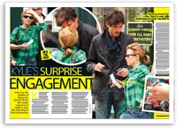 Kylie Minogue in sunglasses, holding hands with a man; text on "surprise engagement" article layout.