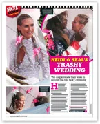 Heidi and Seal in wedding attire, covered with pink streamers, smiling and embracing at their themed wedding event.