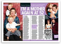 Debra Byrne with her children, article headline "I'm a Mother Again at 52," with family photos on a magazine page.