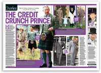 A magazine spread titled "The Credit Crunch Prince" featuring multiple images of Prince Charles in various outfits.