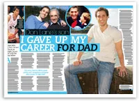 "Magazine layout featuring Don Lane's son with family photos and headline 'I Gave Up My Career for Dad.'"