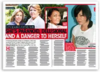 Newspaper article with headline: "She's Paranoid, Delusional and a Danger to Herself," featuring three photos of a woman.